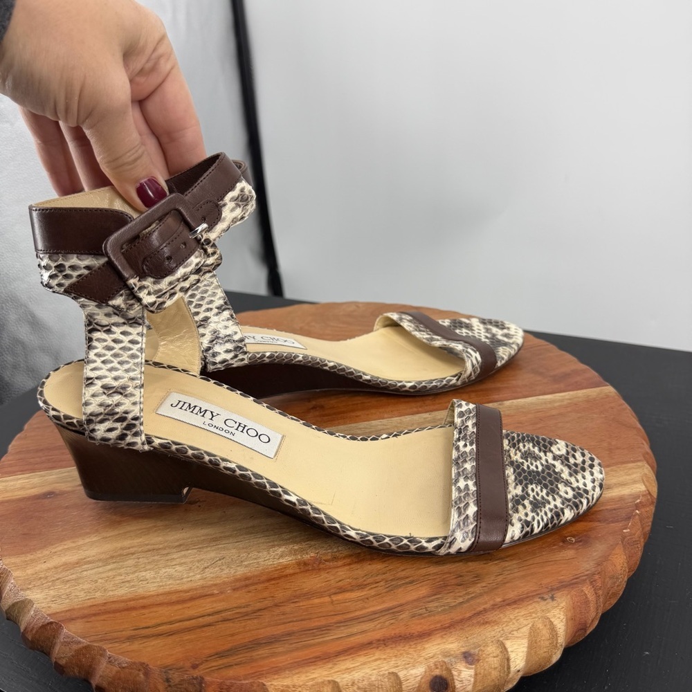 JIMMY CHOO snake skin strappy ankle strap wedge sandal brown leather sz 40 US 10